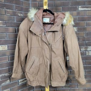 Kent Street vintage leather bomber jacket genuine real fur hood shoulder pads